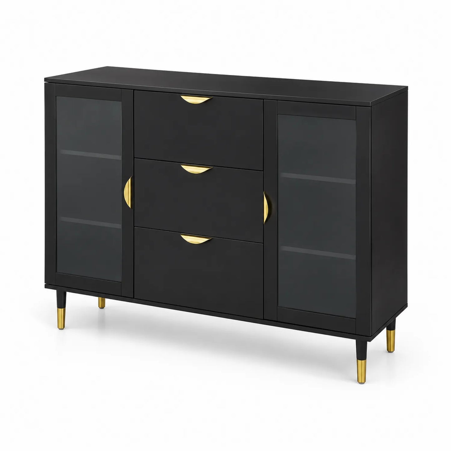 Sideboard Schwarz Gold MDF mit Schubladen und Glastüren