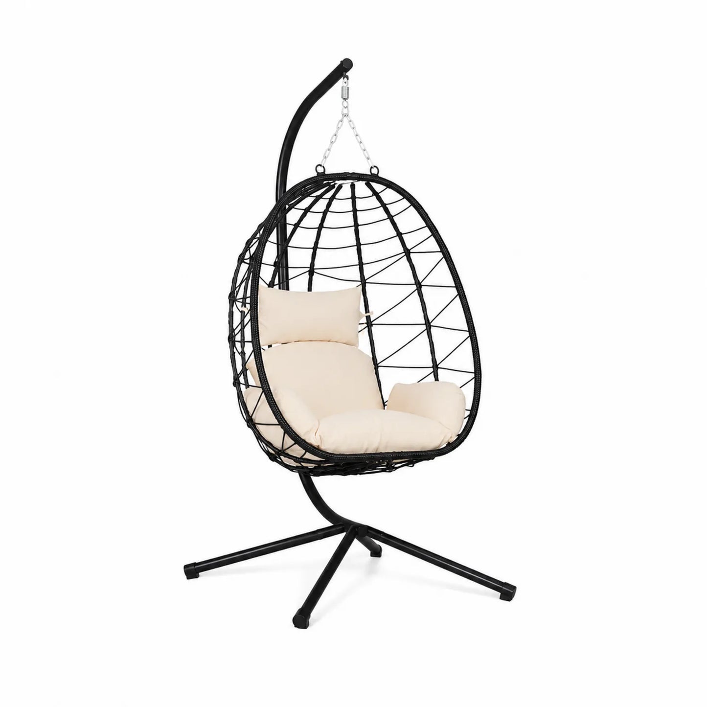 Hängesessel Rattan Beige Schwarz mit Stahlrahmen