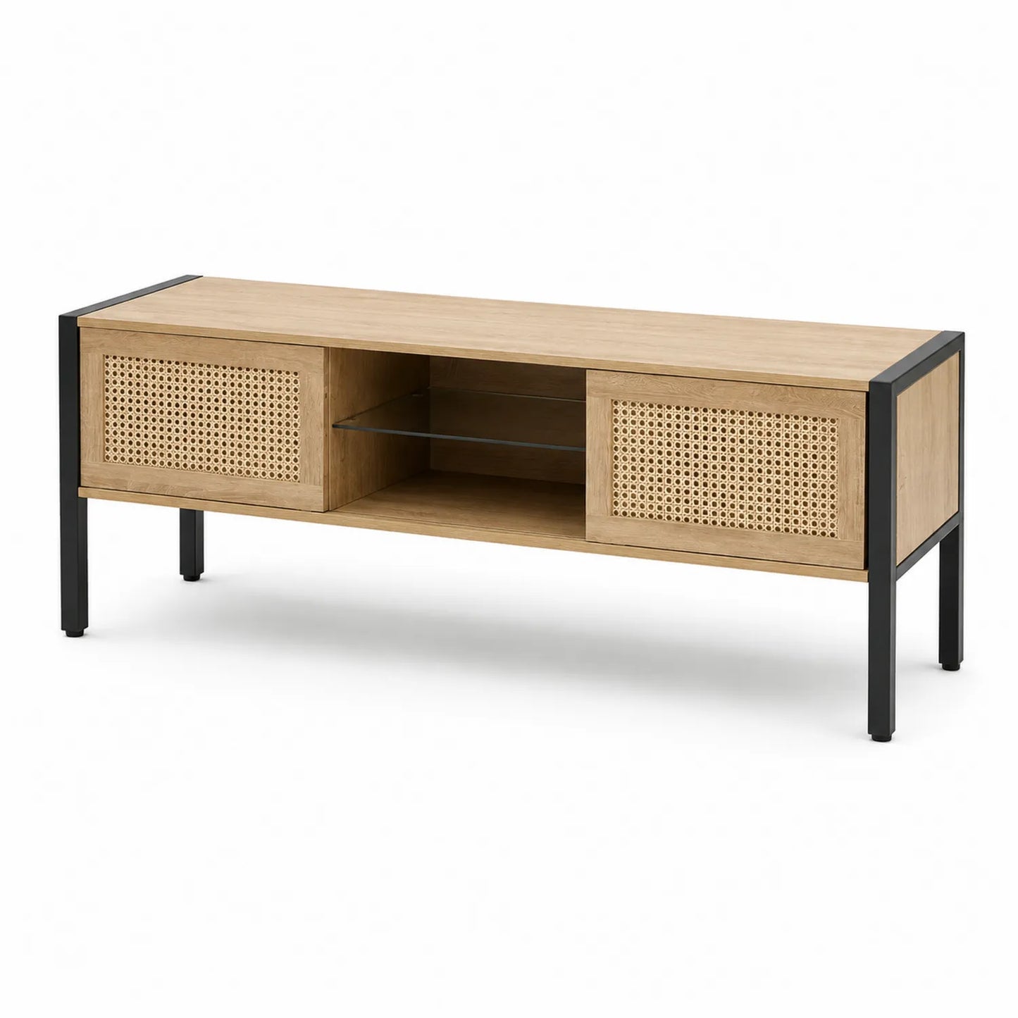 TV-Schrank aus Holz, Geflecht und Metall 120x40x50cm