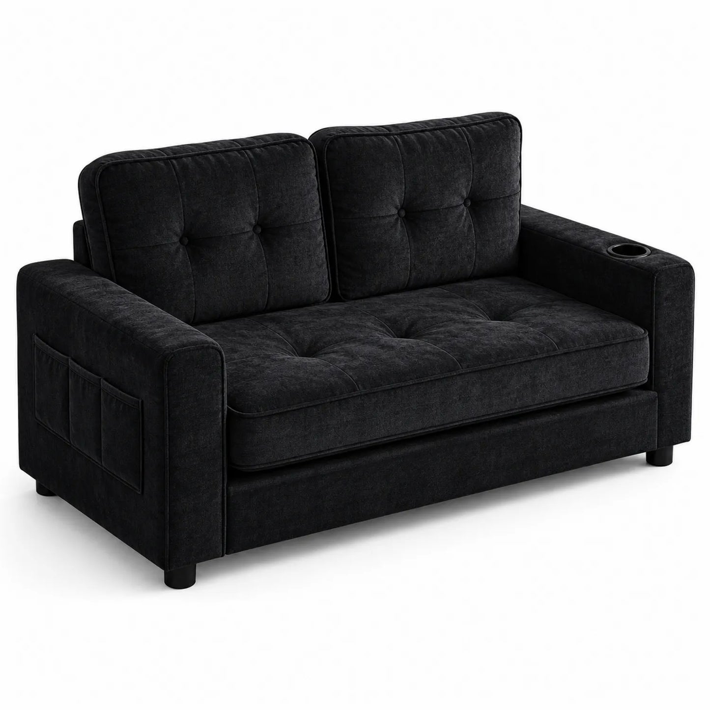 Schwarzes 2-Sitzer Sofa aus Polyester mit Armlehnenfächern und Becherhalter