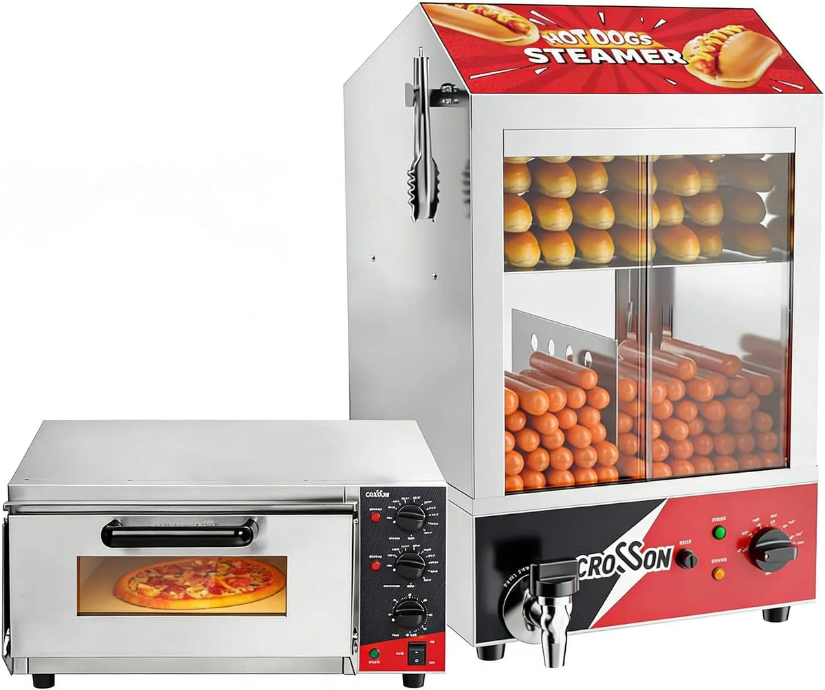 Elektrischer Pizzaofen, 400x400 mm, 42 L, CROSSON, Dampf, 175 Hot Dogs und 50 Brötchen, Hot Dog Dampfgarer 42L