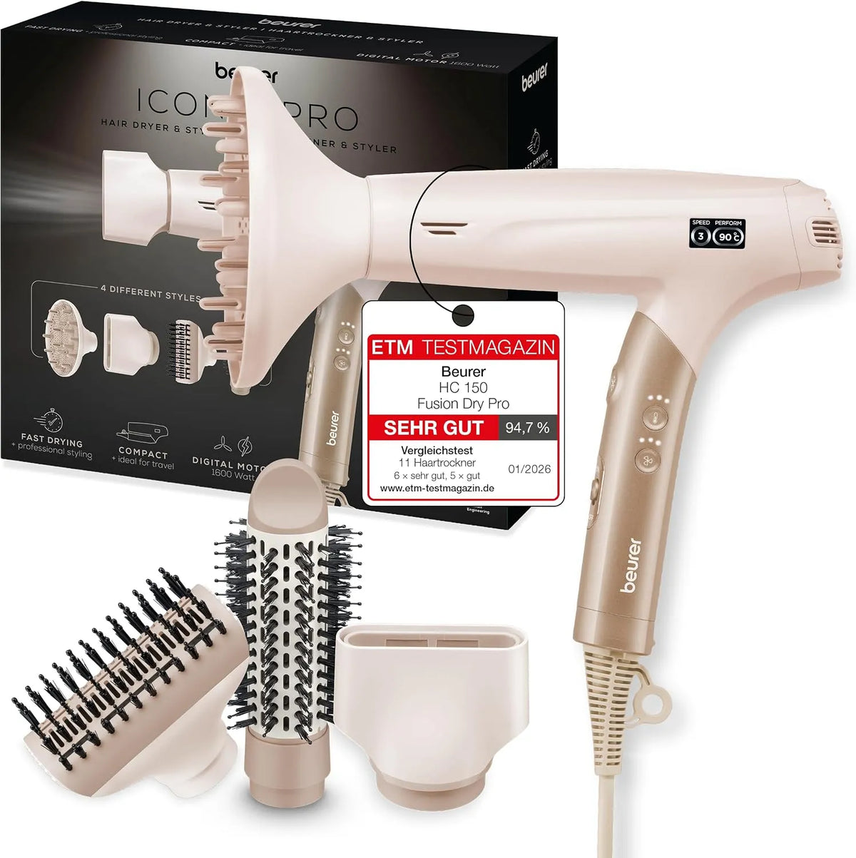 Wäschetrockner HC 150, ergonomischer Klappgriff ideal für Reisen, 4 Styling-Aufsätzen