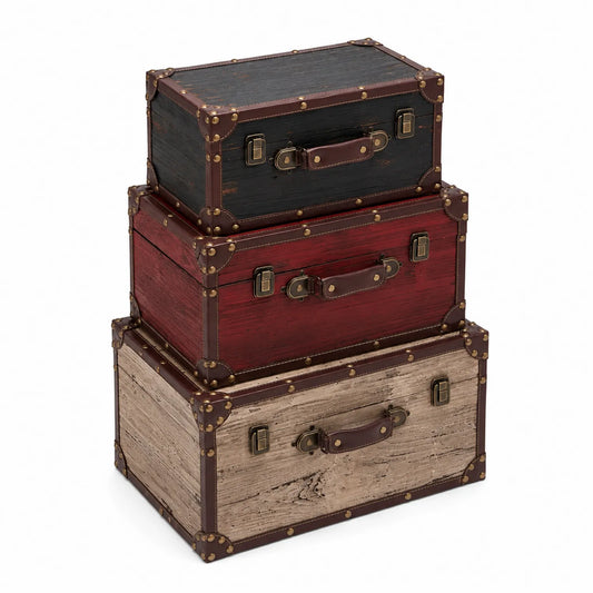 Aufbewahrungstruhe Set aus Holz mit Metallelementen in Rot/Schwarz/Beige