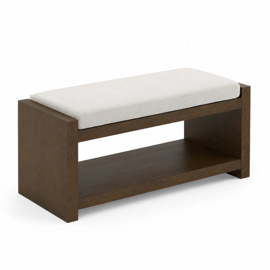 Holzbank mit Baumwollpolster und Regal, Braun/Beige