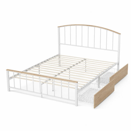 Metall-Doppelbett Weiß mit Holzlatten und Schublade