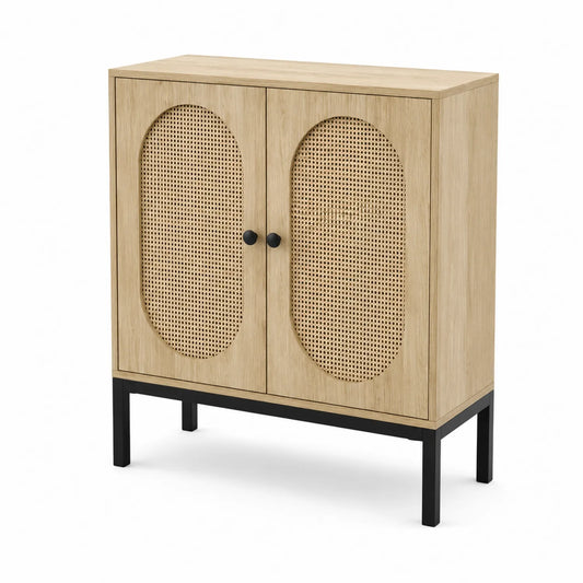 Sideboard aus Eichenholz, Rattan und Metall