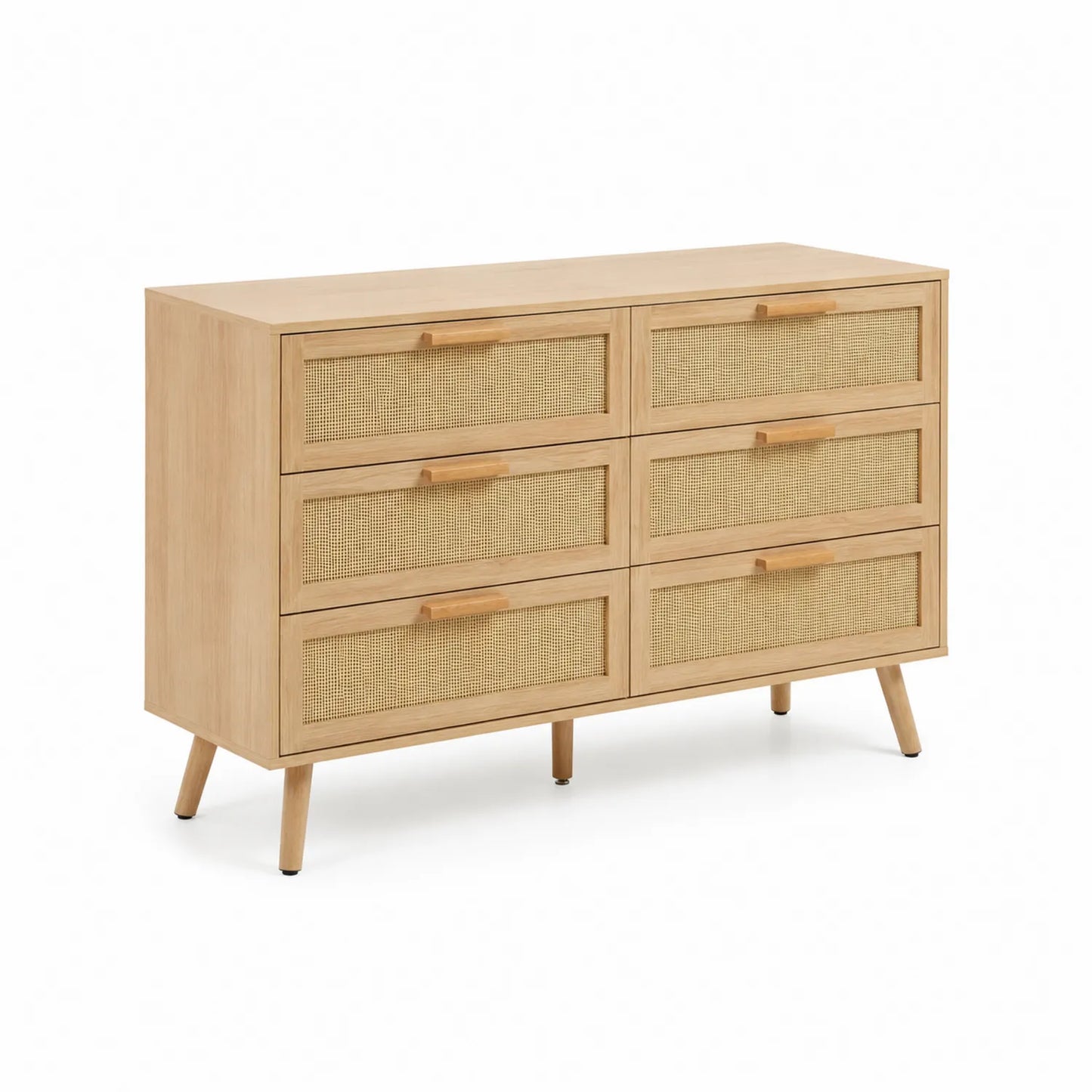 Kommode mit 6 Schubladen aus Holz und Rattan