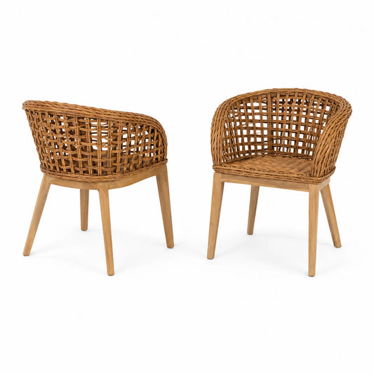 Rattan- und Teakholz-Stuhl 2er-Set