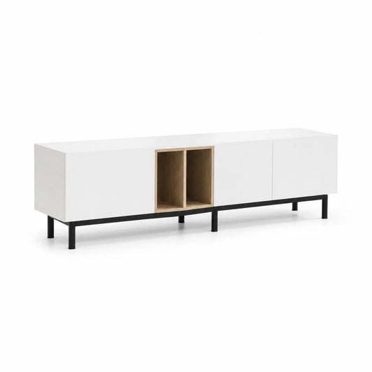 TV-Lowboard aus MDF mit Eichenfurnier und Metallgestell, Weiß