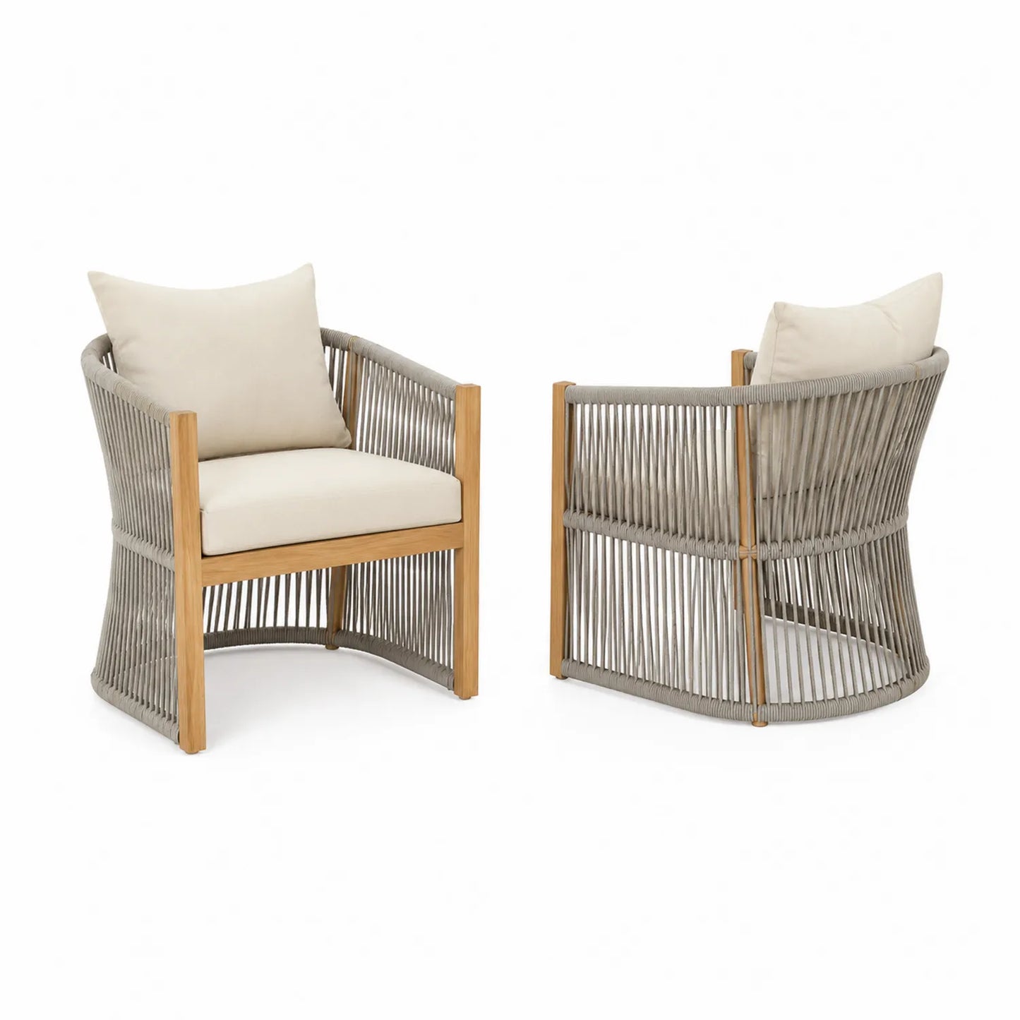 Outdoor-Stuhl-Set Teakholz und Seil Beige Kissen