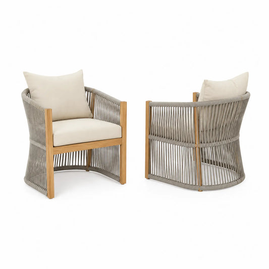 Outdoor-Stuhl-Set Teakholz und Seil Beige Kissen