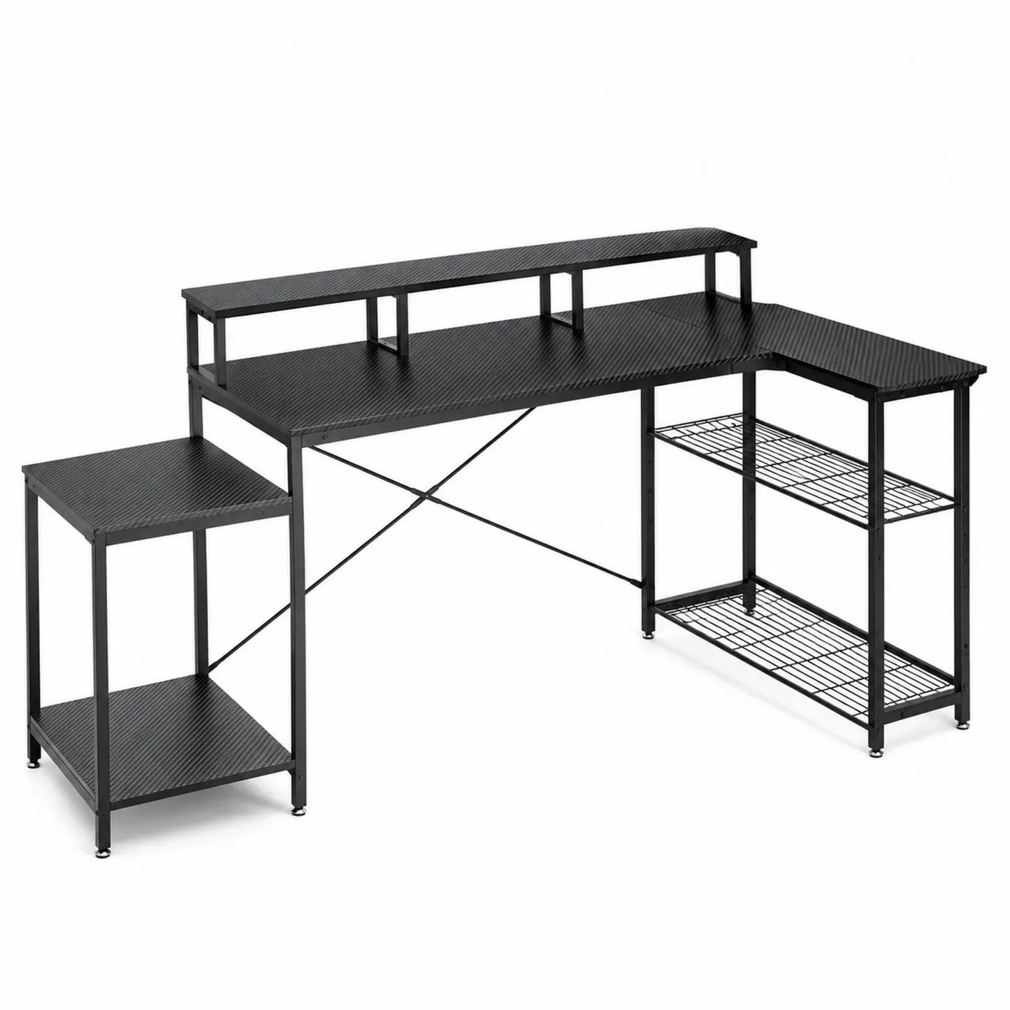 Schwarzer L-förmiger Computertisch mit Stahlregal