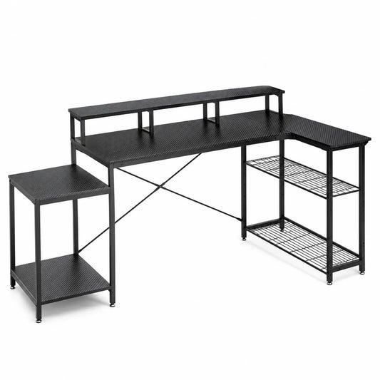 Schwarzer L-förmiger Computertisch mit Stahlregal