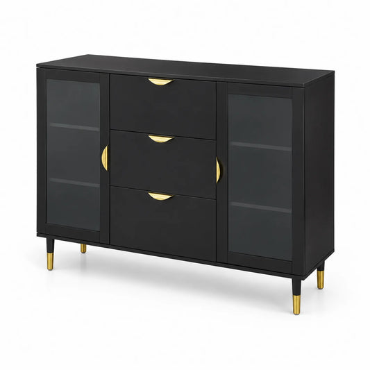 Sideboard Schwarz Gold MDF mit Schubladen und Glastüren