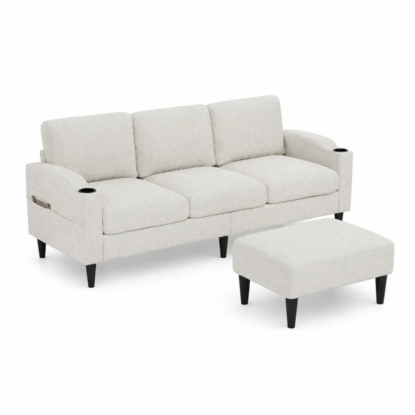Leinen 3-Sitzer Sofa mit Hocker und Becherhalter Creme