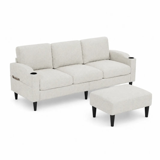 Leinen 3-Sitzer Sofa mit Hocker und Becherhalter Creme