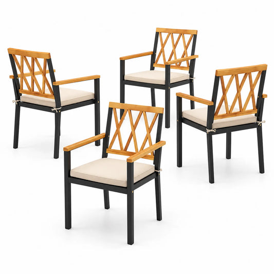 4er Set Holz und Metall Stühle mit beigen Kissen