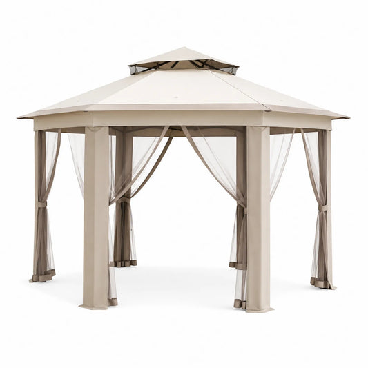 Metall Pavillon 3x3m mit Polyester Moskitonetz Beige