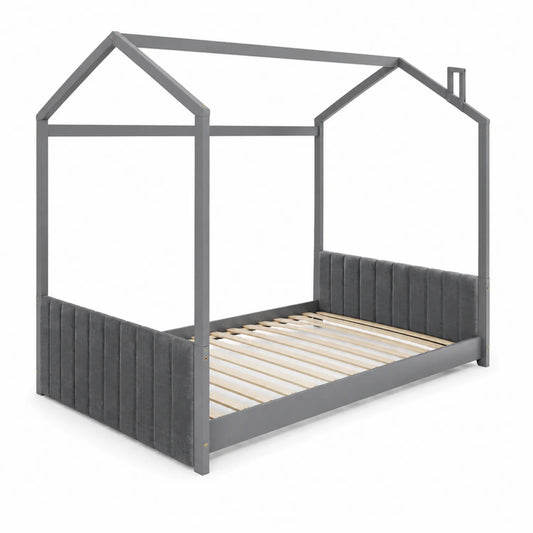 Kinderbett Hausform Grau 90x200 cm Metall mit Polsterkopfteil