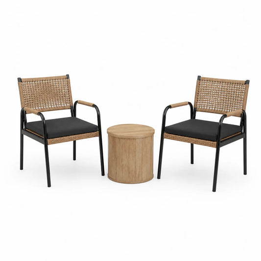 3-teiliges Outdoor-Möbelset aus Stahl und Polyrattan mit rundem Tisch