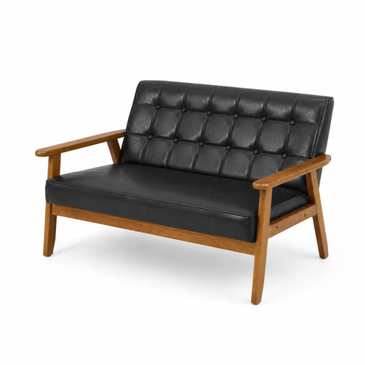 2-Sitzer Sofa Kunstleder Schwarz Massivholz