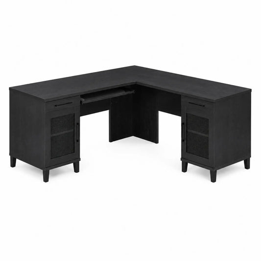 Holz-Metall L-förmiger Eckschreibtisch Schwarz 150x150x75 cm