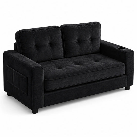 Schwarzes 2-Sitzer Sofa aus Polyester mit Armlehnenfächern und Becherhalter