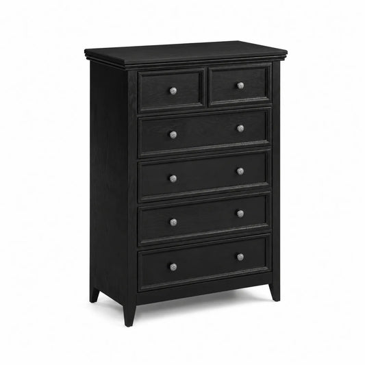 Schwarze Holzkommode mit 6 Schubladen und Metallknöpfen
