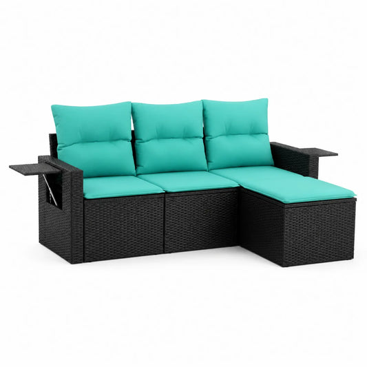 Gartenmöbelset aus PE-Rattan mit türkisen Kissen, L-förmig, 210 cm