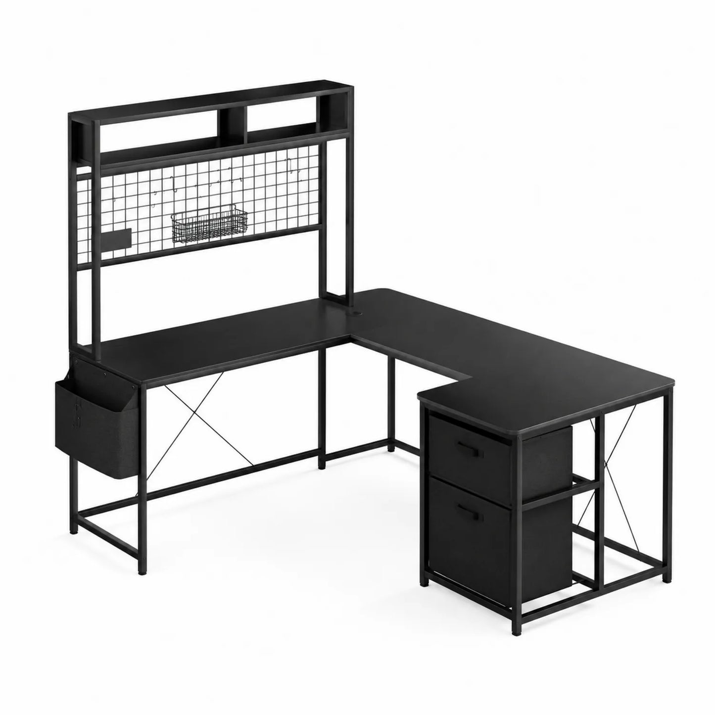L-förmiger Metallschreibtisch mit Regal und Schubladen Schwarz 150x120x75cm