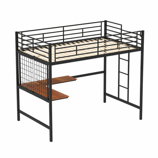 Metall-Hochbett mit Schreibtisch Schwarz/Braun 200x90cm