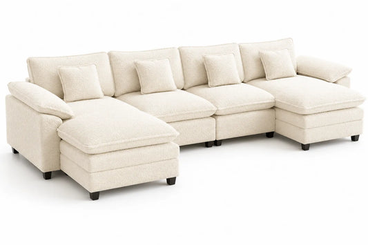 Ecksofa Bouclé Creme 5-Sitzer