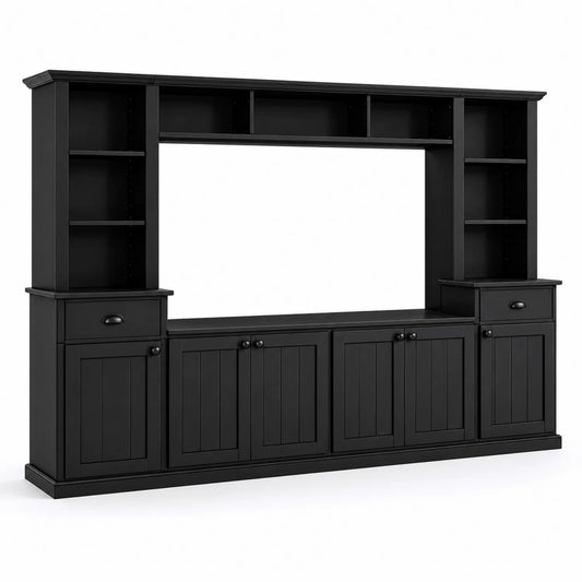 Schwarzes TV-Möbel-Set aus MDF-Holz mit Regalen und Schubladen