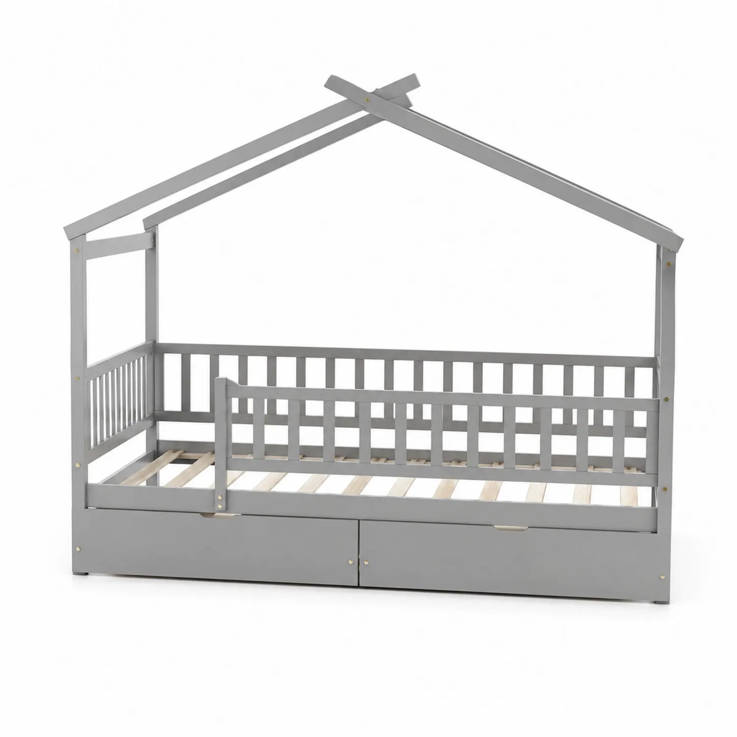 Hausbett aus Kiefernholz Grau mit Rausfallschutz und Schubladen