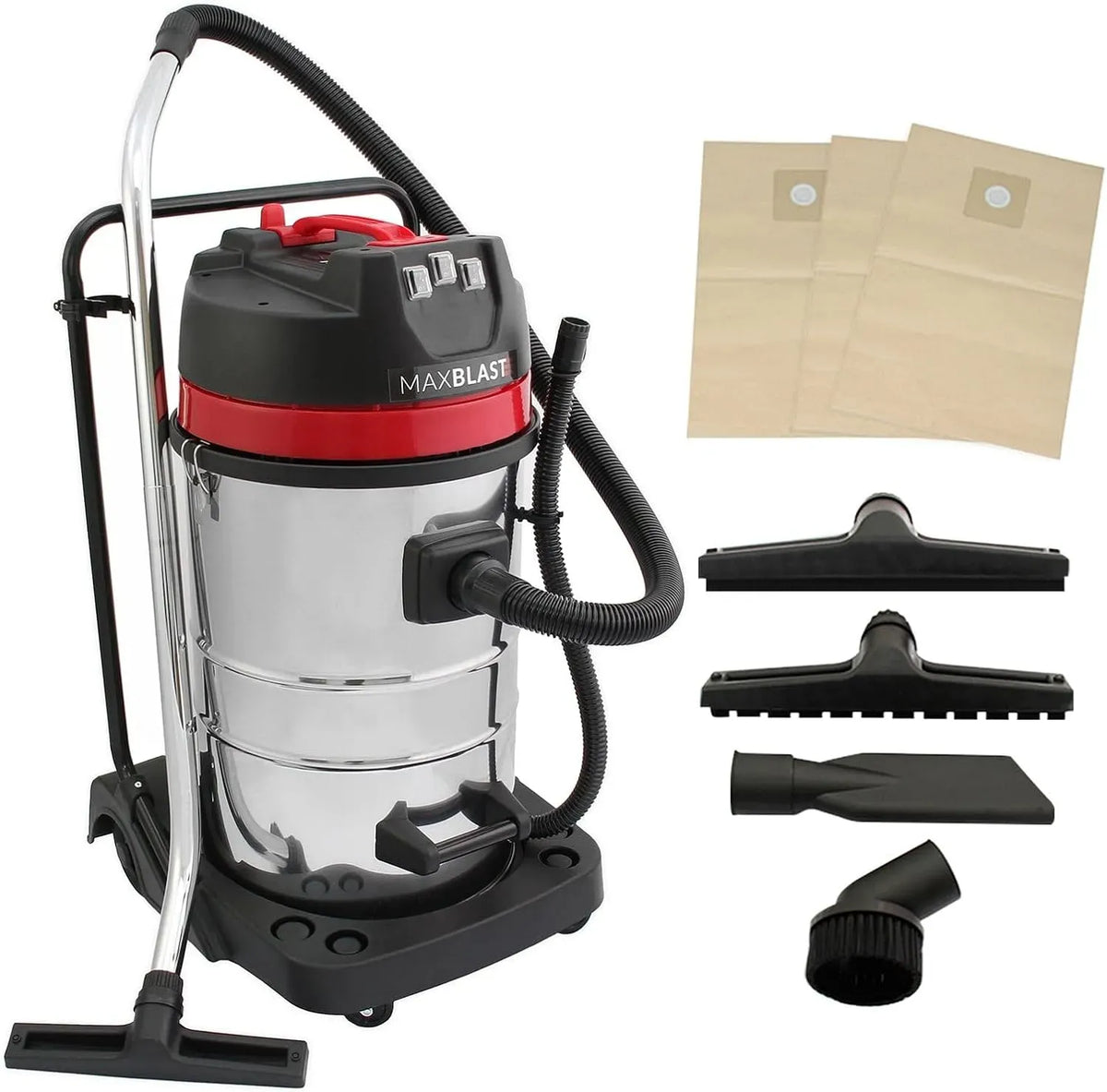 Staubsauger, 80 L, 3000 W, Edelstahl, Edelstahl-Tuchfilter, 4 Aufsätze
