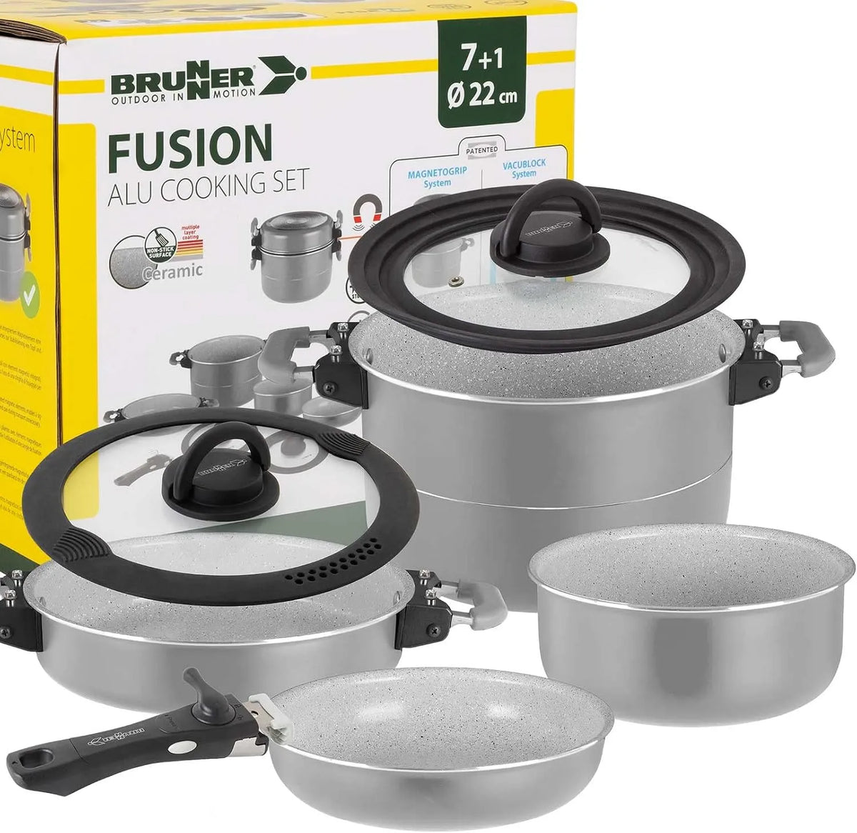 Campingkocher, 22 cm, BRUNNER, Camping Kochgeschirr Keramik Topfset, Platzsparend stapelbare Töpfe und Pfannen, 7+1 teilig ø 22 cm FUSION