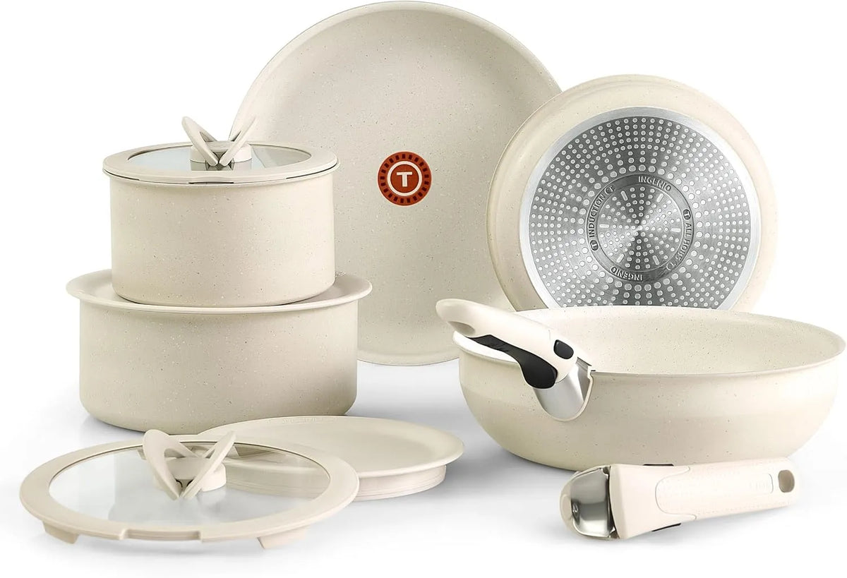 11-teilig T-fal Ingenio Essentials Kochgeschirr-Set mit abnehmbarem/abnehmbarem Griff, Granit-Titan, 500 F, antihaftbeschichtet, Induktion