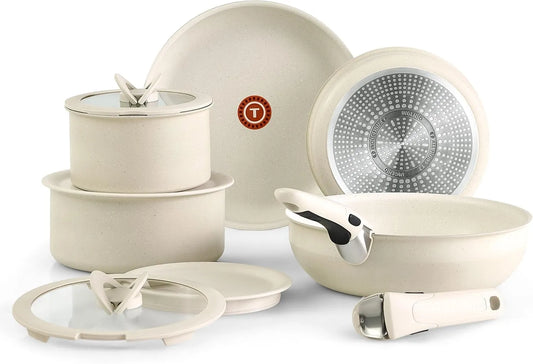11-teilig T-fal Ingenio Essentials Kochgeschirr-Set mit abnehmbarem/abnehmbarem Griff, Granit-Titan, 500 F, antihaftbeschichtet, Induktion