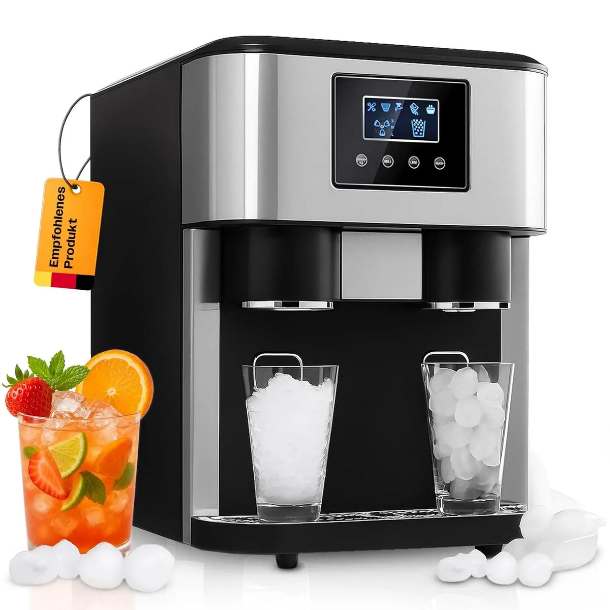 Eiswürfelmaschine 18kg/24h, Touch-Bedienung, 16 Eiswürfel in 8–10 Min, Touchpanel, 2 Eisgrößen