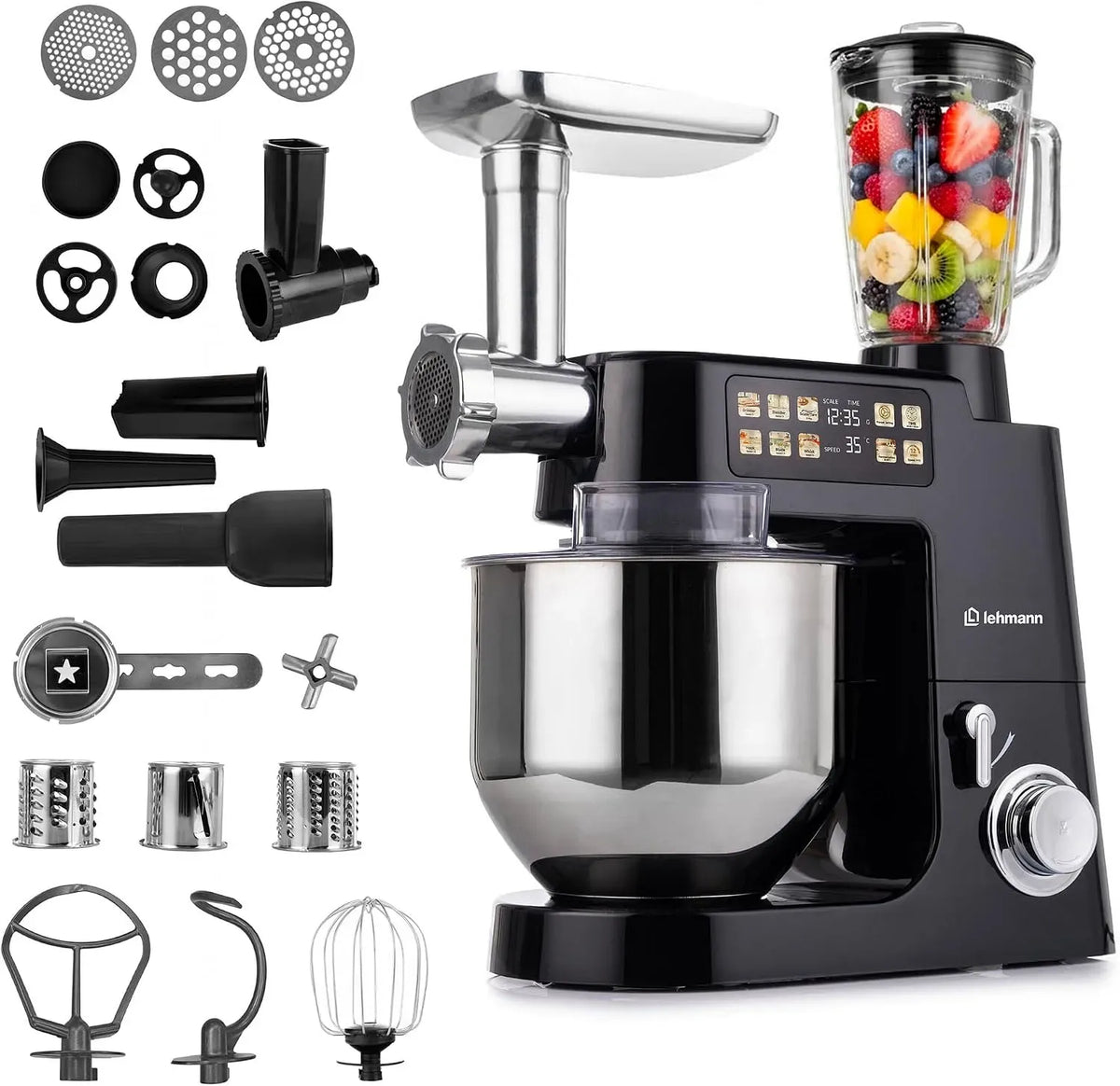 Küchenmaschine, 8 L, 2100 W, LEHMANN, Touch-Bedienung, Pizza, Schwarz, Planetarische Knetmaschine für Brot- & Pizzateig, Touchdisplay