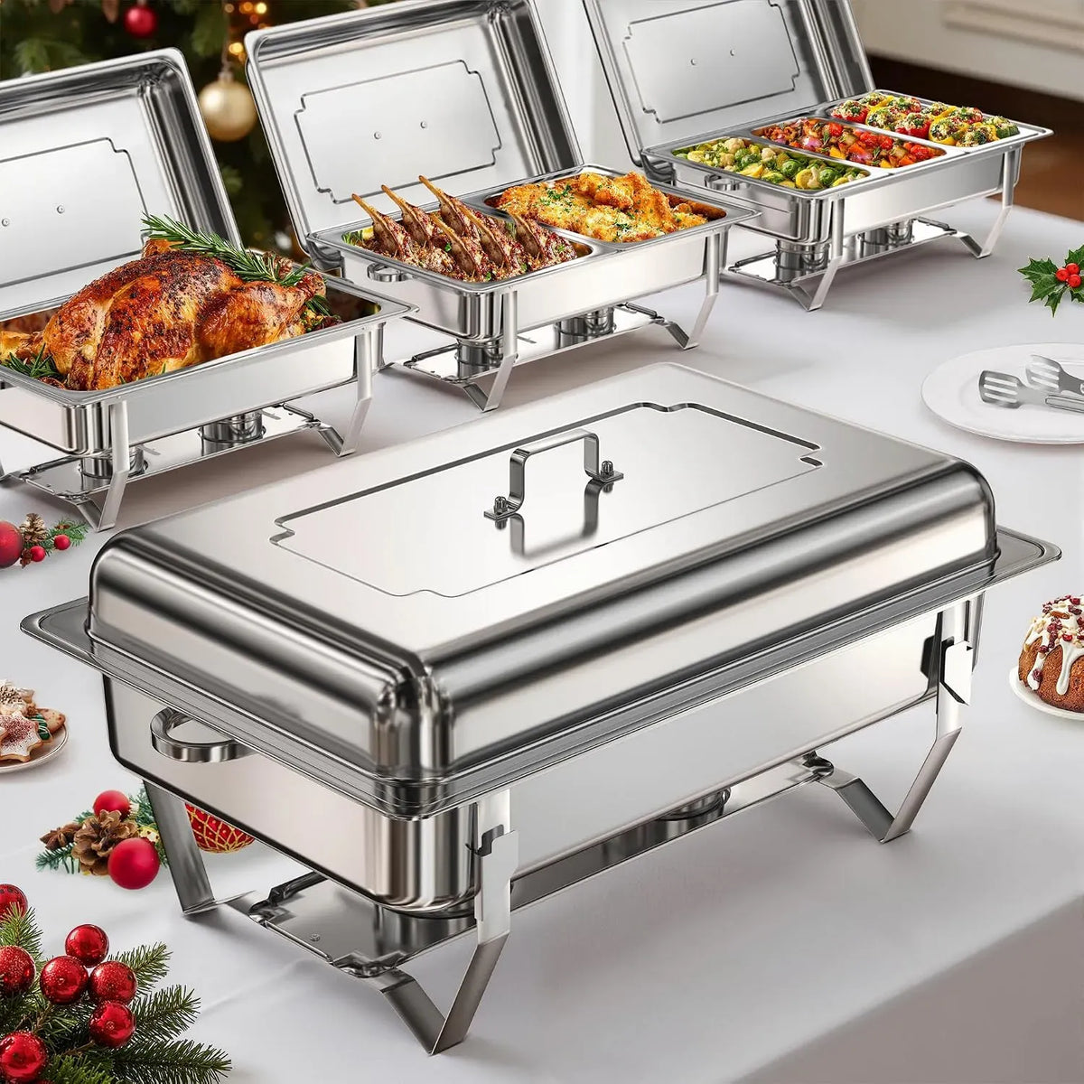 Chafing Dish Warmhaltebehälter, 9 L, WARMOUNTS 4er, Warmhaltefunktion, Gastronomie, Edelstahl, Klappbarer Rahmen, Set 2x1+2x1/2+3x1/3 Einsätze