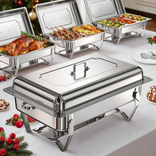 Chafing Dish Warmhaltebehälter, 9 L, WARMOUNTS 4er, Warmhaltefunktion, Gastronomie, Edelstahl, Klappbarer Rahmen, Set 2x1+2x1/2+3x1/3 Einsätze