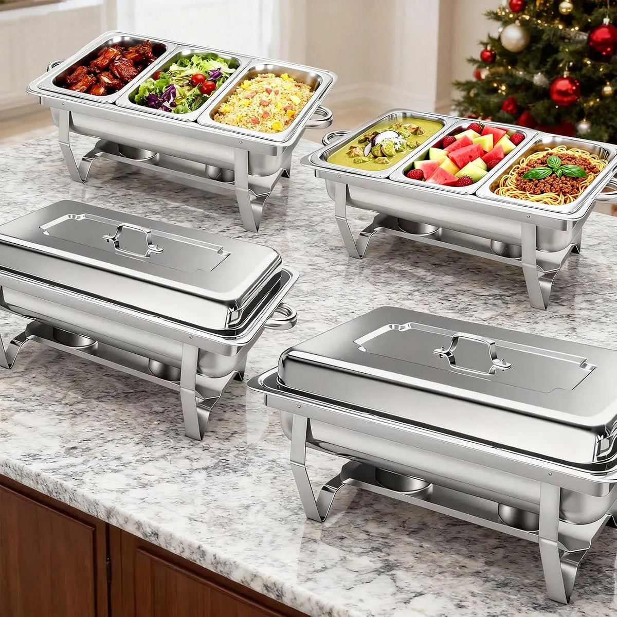 4er-Set Edelstahl-Buffet-Set mit 1/3-Größen-Einsatz, für Buffets, 9L Fassungsvermögen, 4 Pack, Warmhalteplatten mit gerolltem Rand für Partys