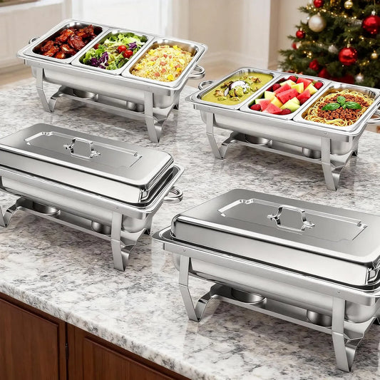 4er-Set Edelstahl-Buffet-Set mit 1/3-Größen-Einsatz, für Buffets, 9L Fassungsvermögen, 4 Pack, Warmhalteplatten mit gerolltem Rand für Partys