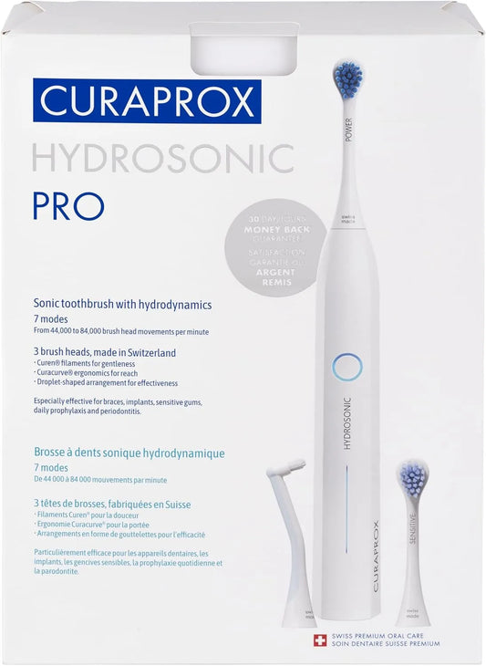 Set Mit 3 Bürstenköpfen & Reiseetui, Curaprox Hydrosonic Pro, Weiß, Swiss Design
