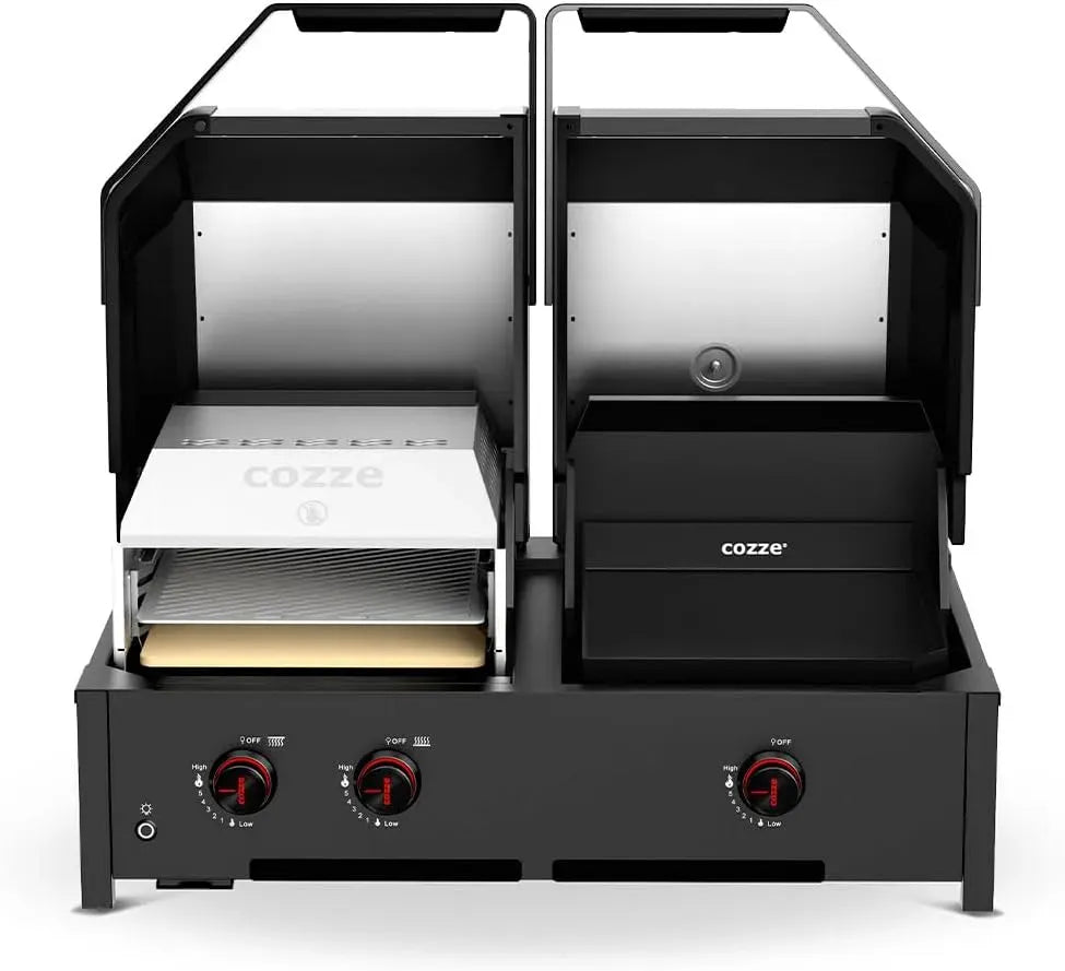 Elektrischer Pizzaofen 4-in-1, 13 kW, Grill, Gusseisen, Pizzastein & Gusseisenplatte mit 3 Brenner + Infrarot, Grill & 800°C Steakzone