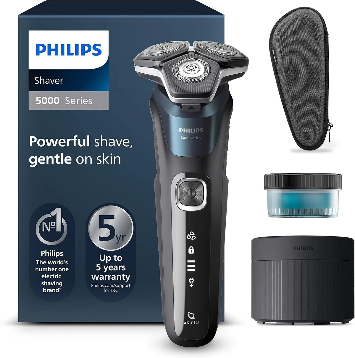 Philips S5889/50 Reinigungsstation, Transporttasche, Rasierer, IPS-Panel, Blau, für Herren: Nass- und Trockenrasur mit SkinIQ Technologi