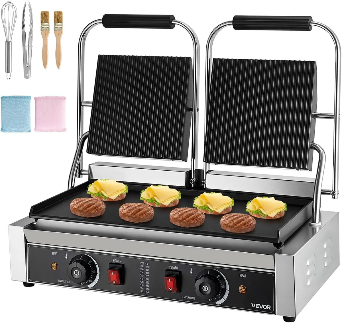 VEVOR Sandwichmaker, Panini-Grill, Kontaktgrill, Paninipresse, Pressgrill, Kontaktgrill und Paninigrill, 48 x 23 cm, 3600 W, gewerblich, Edelstahl