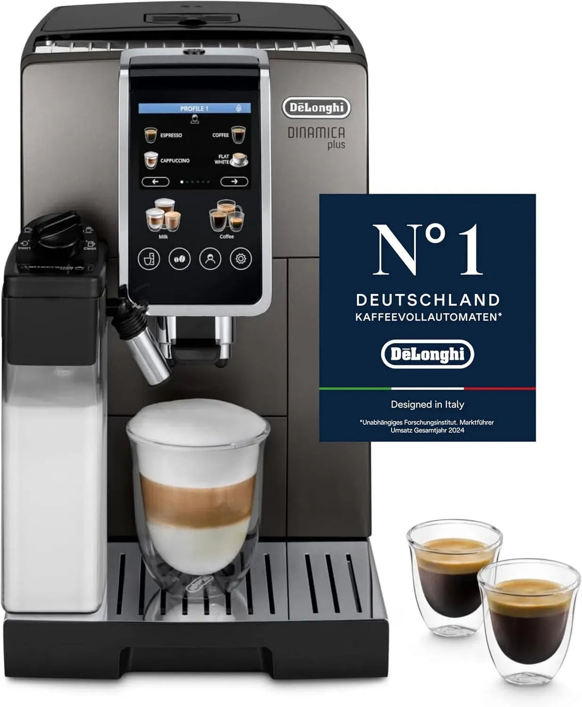 De'Longhi ECAM380.95.TB Milchaufschäumer, 1450 W, Milchschäumer, Touch-Bedienung, Schwarz, One-Touch-Cappuccino, 24 Rezepten, 3,5 Zoll