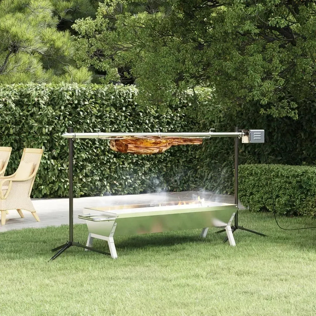 Spießbratengrill, Spanferkelgrill, Holzkohlegrill, Automatisch, Spießgrill, Motor, 150x46,5x82,5 cm, Edelstahl, Garten 150x46